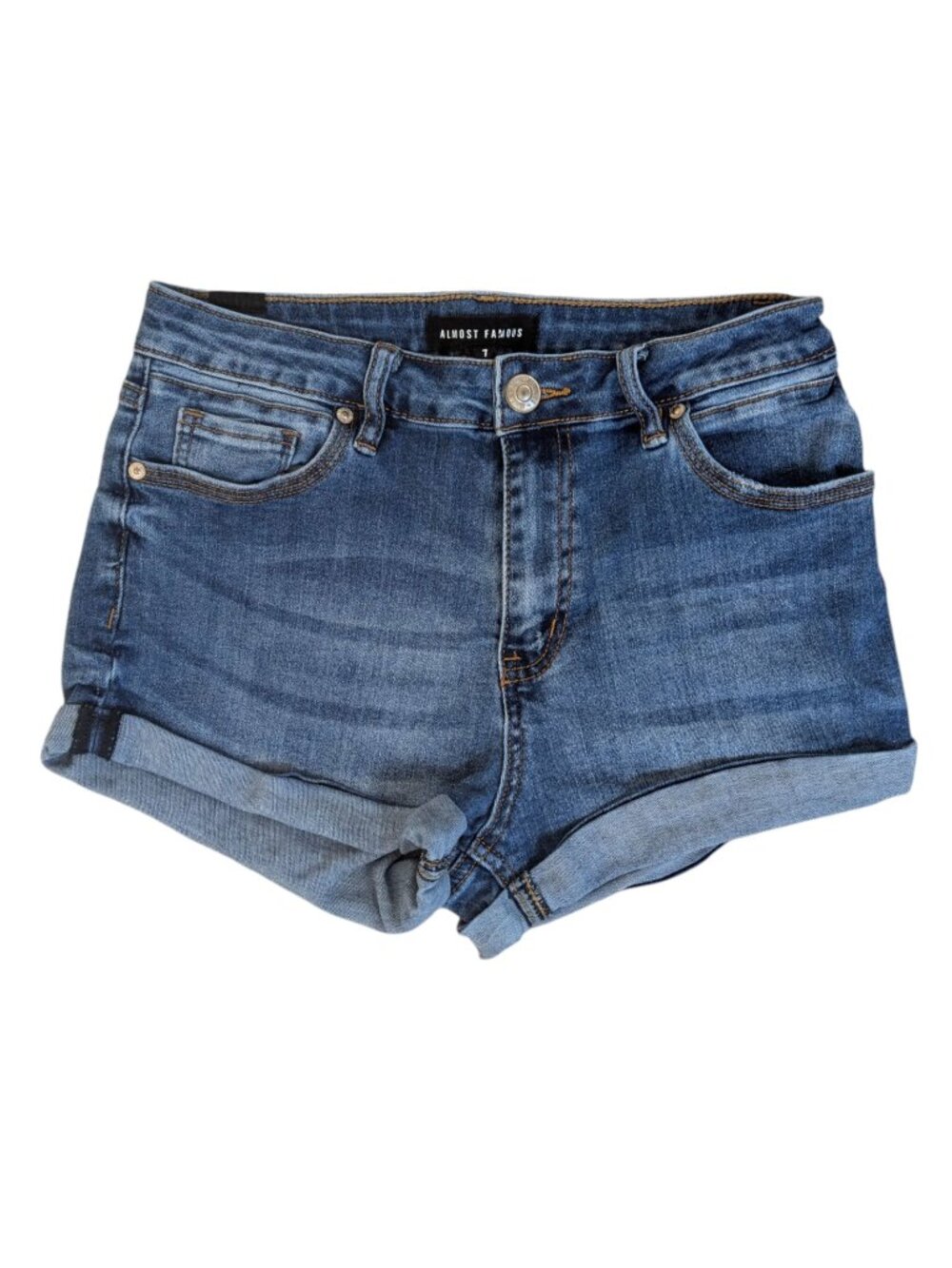 Almost Famous Medium Wash Denim Cuffed Stretch Jean Shorts Size 7